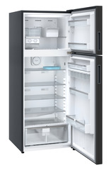 Product image, Perspective: oblique open empty, Fridge-freezer with NoFrost, Casing colour: grey, Door colour: Black Gloss