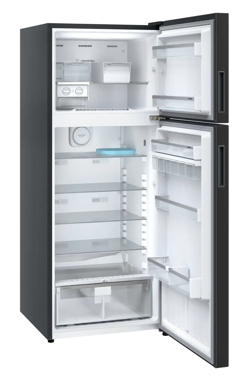 Product image, Perspective: oblique open empty, Fridge-freezer with NoFrost, Casing colour: grey, Door colour: Black Gloss