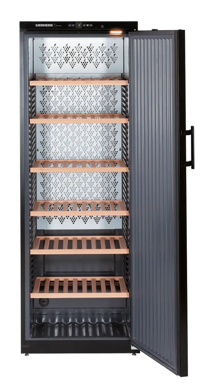 Product image, Perspective: straight open empty, Wine storage cabinet, Casing colour: black, Door colour: black