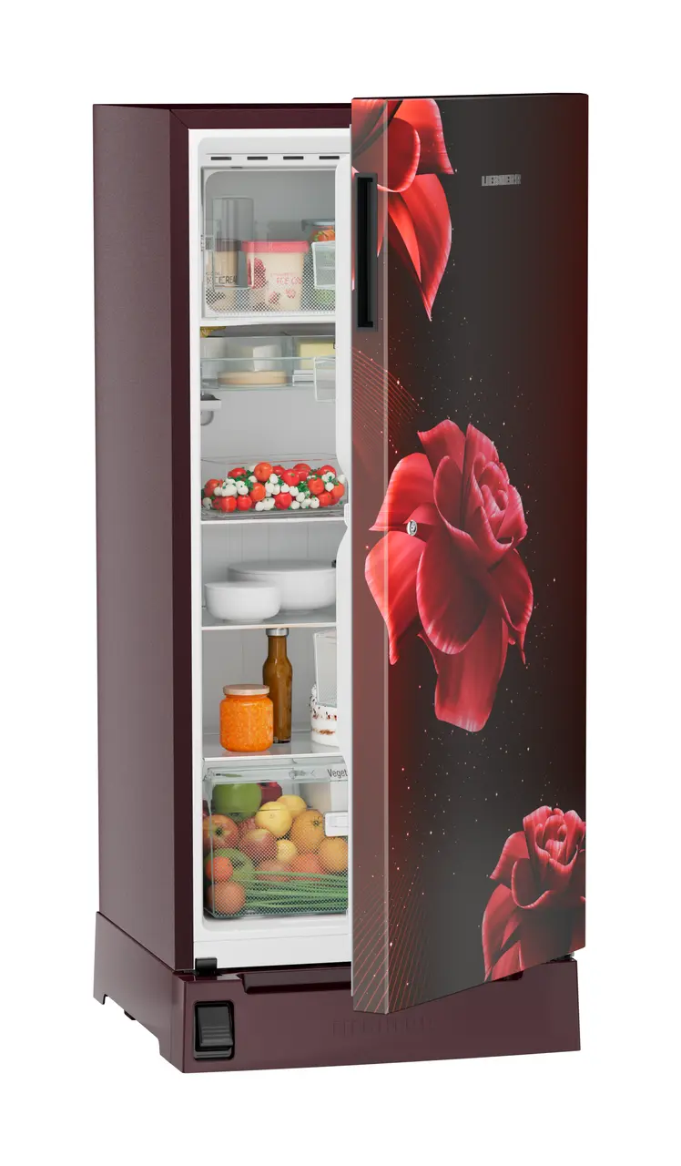 Product image, Perspective: oblique half-open decorated, Single-door refrigerator 191 l in 3 star with foot pedal base drawer, Casing colour: red, Door colour: Red Divine