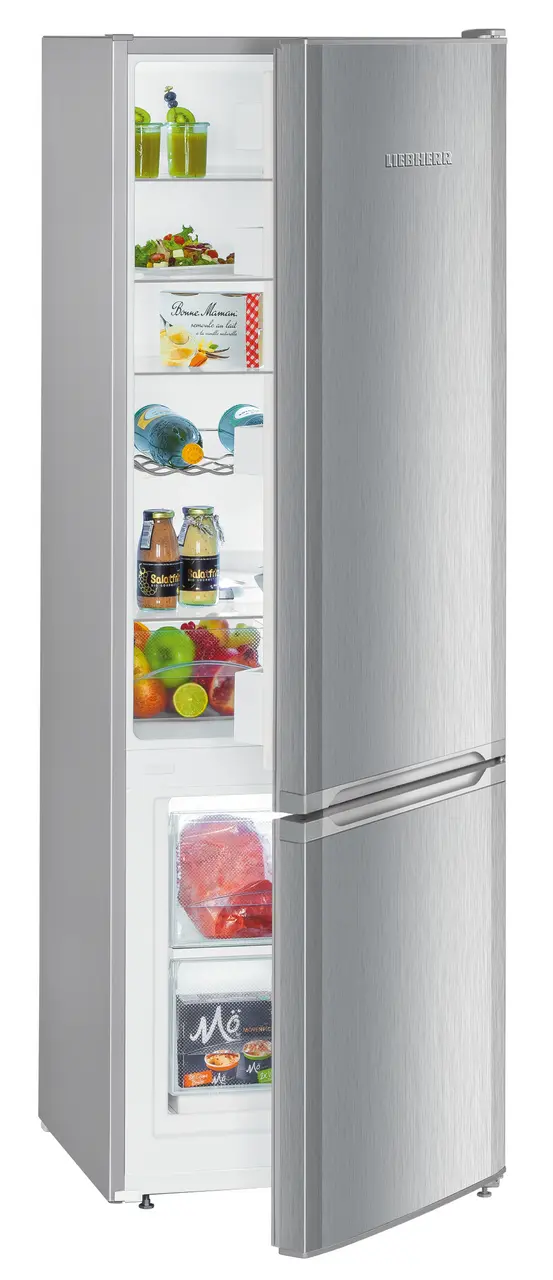 Image de produit, Perspective: Oblique semi-ouvert décoré, Automate réfrigérateur-congélateur avec SmartFrost, Couleur de porte: Finitions style acier inox