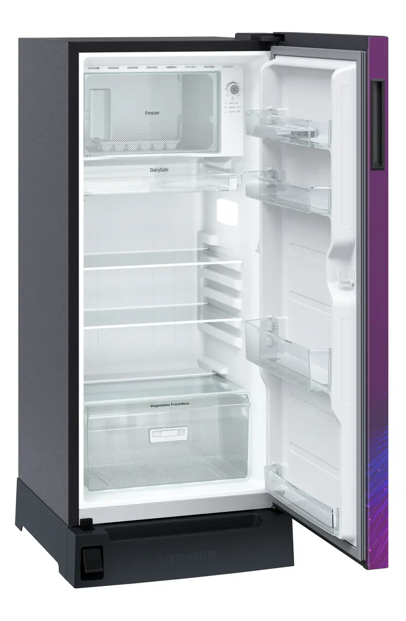 Product image, Perspective: oblique open empty, Single-door refrigerator 191 l in 3 star with foot pedal base drawer, Casing colour: grey, Door colour: Purple Strings