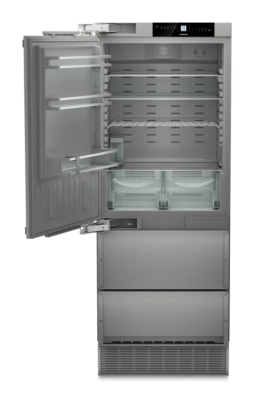 Product image, Perspective: straight open empty, Combined refrigerator-freezer with NoFrost for integrated use, Casing colour: Anthracite