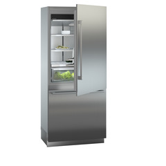 Product image, Perspective: oblique half-open decorated, Combined refrigerator-freezer with BioFresh and NoFrost for integrated use, Casing colour: grey