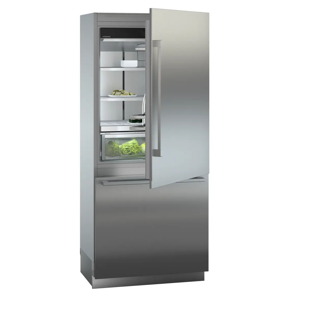 Product image, Perspective: oblique half-open decorated, Combined refrigerator-freezer with BioFresh and NoFrost for integrated use, Casing colour: grey