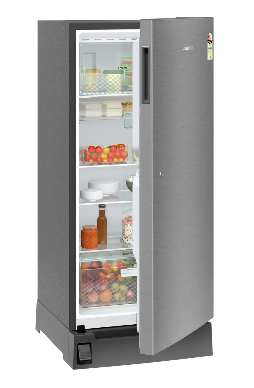 Product image, Perspective: oblique half-open decorated, Single-door fridge 191 l in 2 star with foot pedal base drawer, Casing colour: grey, Door colour: Silver Steel