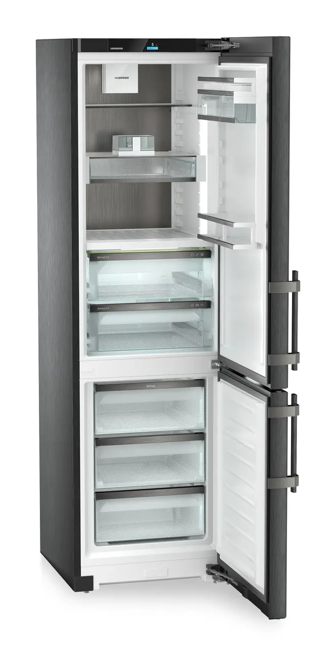 Product image, Perspective: oblique open empty, Fridge-freezer with BioFresh and NoFrost, Casing colour: BlackSteel, Door colour: BlackSteel