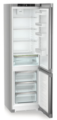 Product image, Perspective: oblique open empty, Combined fridge-freezers with EasyFresh and NoFrost, Casing colour: silver, Door colour: Steelfinish