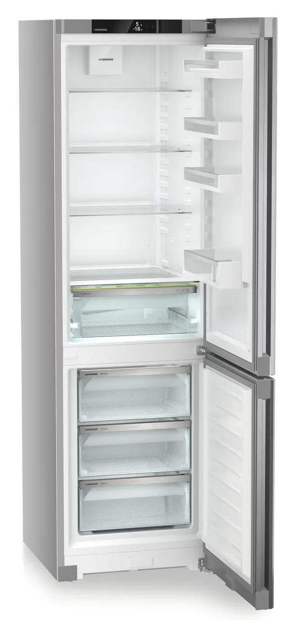 Product image, Perspective: oblique open empty, Combined fridge-freezers with EasyFresh and NoFrost, Casing colour: silver, Door colour: Steelfinish