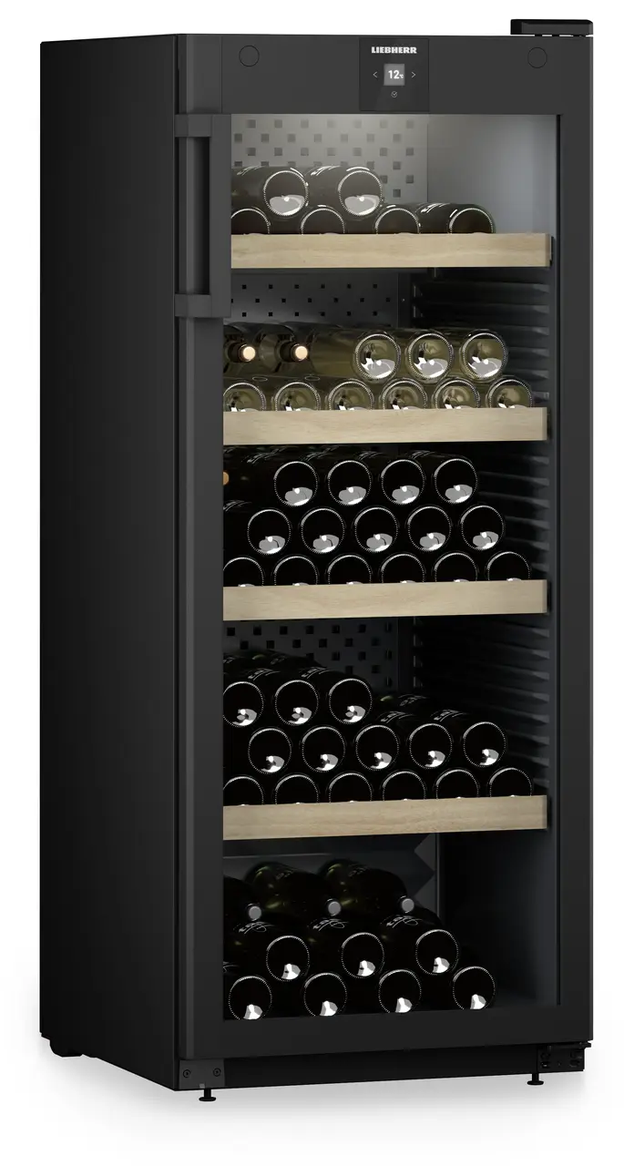Product image, Perspective: oblique closed decorated, Wine storage cabinet, Casing colour: black, Door colour: black