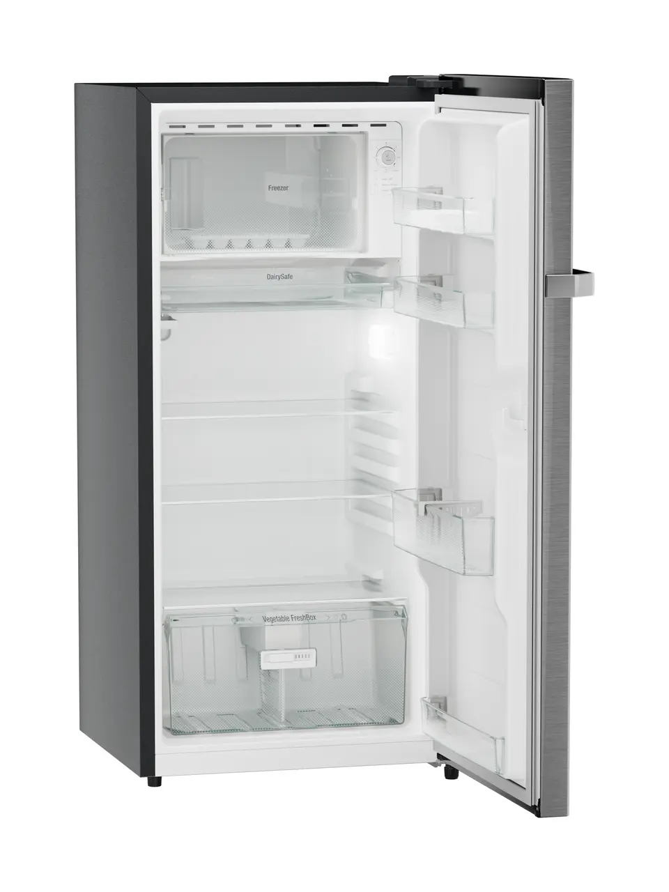 Product image, Perspective: oblique open empty, Single-door refrigerator 191 l in 3 star and horizontal handle, Casing colour: grey, Door colour: Silver Steel