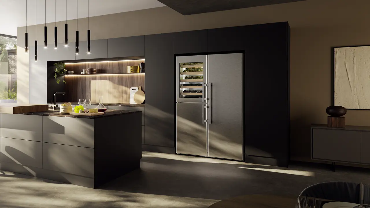 Image de produit, Perspective: Environnement, Combinaison côte à côte avec compartiment de mise en température du vin, Couleur de l’habillage: acier inox, Couleur de porte: acier inox