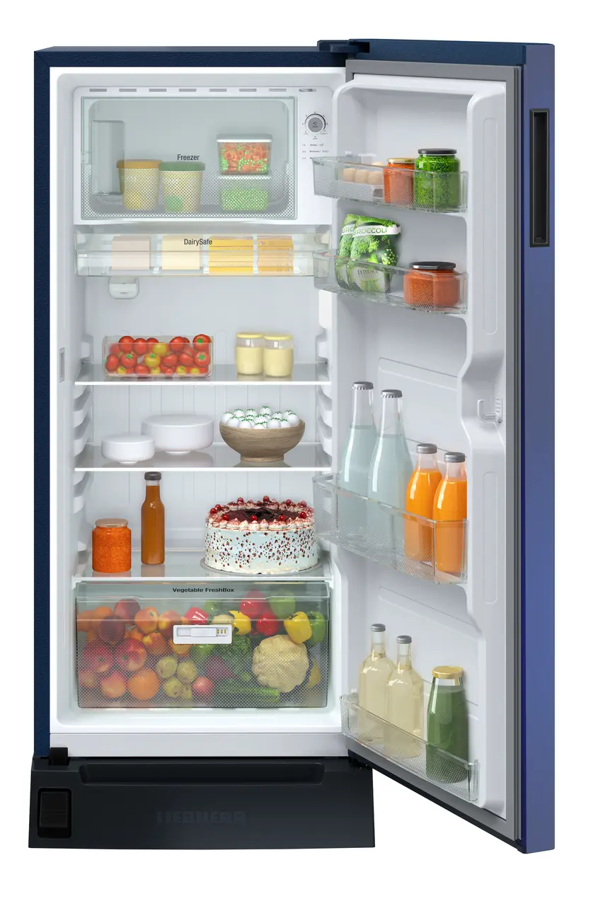 Product image, Perspective: straight open decorated, Single-door refrigerator 191 l in 3 star with foot pedal base drawer, Casing colour: blue, Door colour: Blue Hibiskus