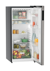 Product image, Perspective: oblique open decorated, Single-door refrigerator 202 l in 3 star with VegFresh box, Casing colour: grey, Door colour: Stainless Steel