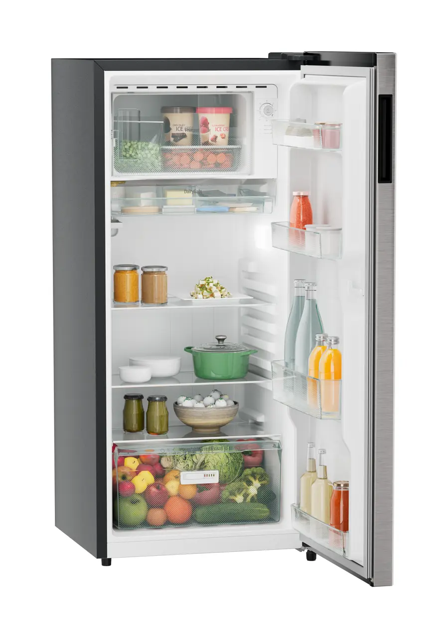 Product image, Perspective: oblique open decorated, Single-door refrigerator 202 l in 3 star with VegFresh box, Casing colour: grey, Door colour: Stainless Steel