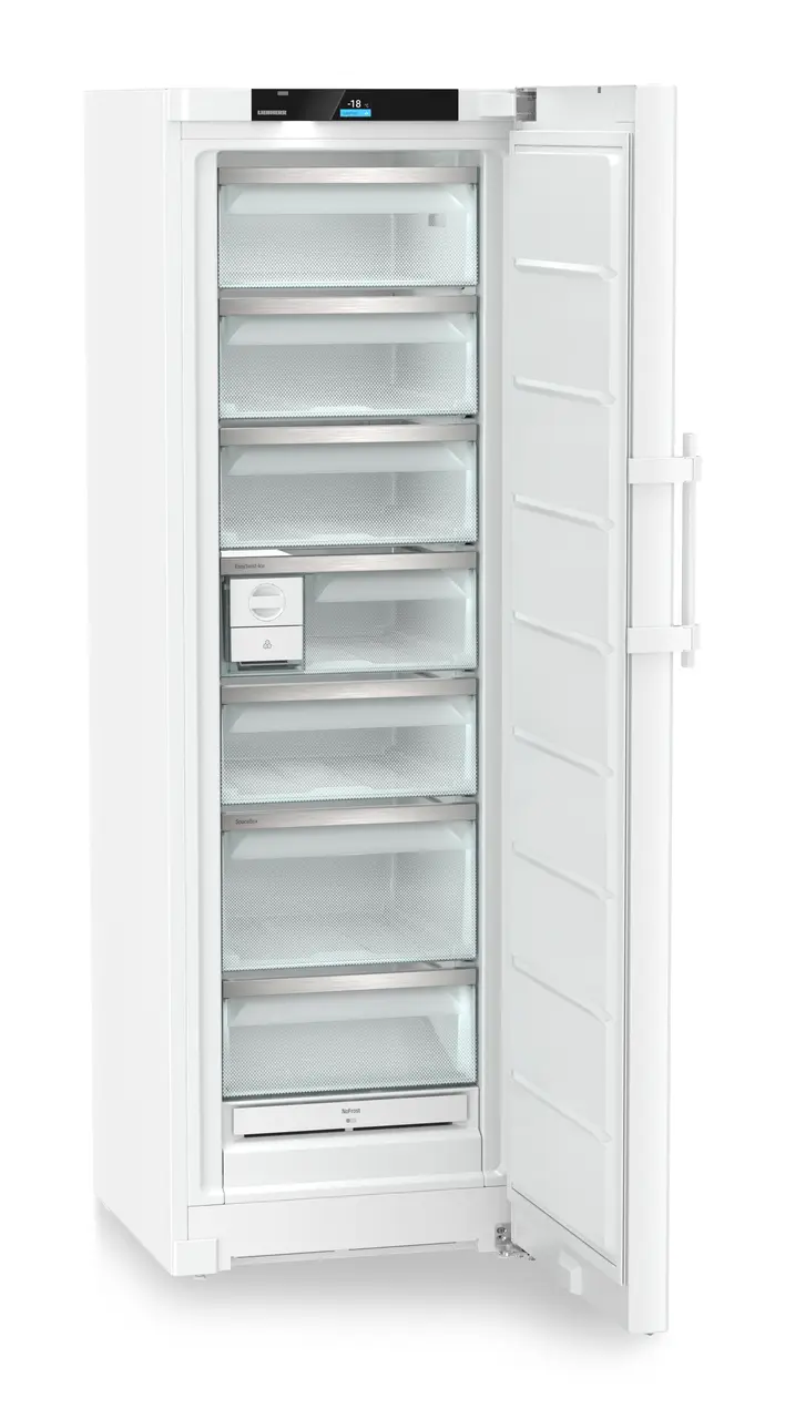 Product image, Perspective: oblique open empty, Freestanding freezer with NoFrost and EasyTwist-Ice, Casing colour: white, Door colour: white