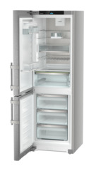 Product image, Perspective: oblique open empty, Combined fridge-freezers with EasyFresh and NoFrost, Casing colour: silver, Door colour: stainless steel
