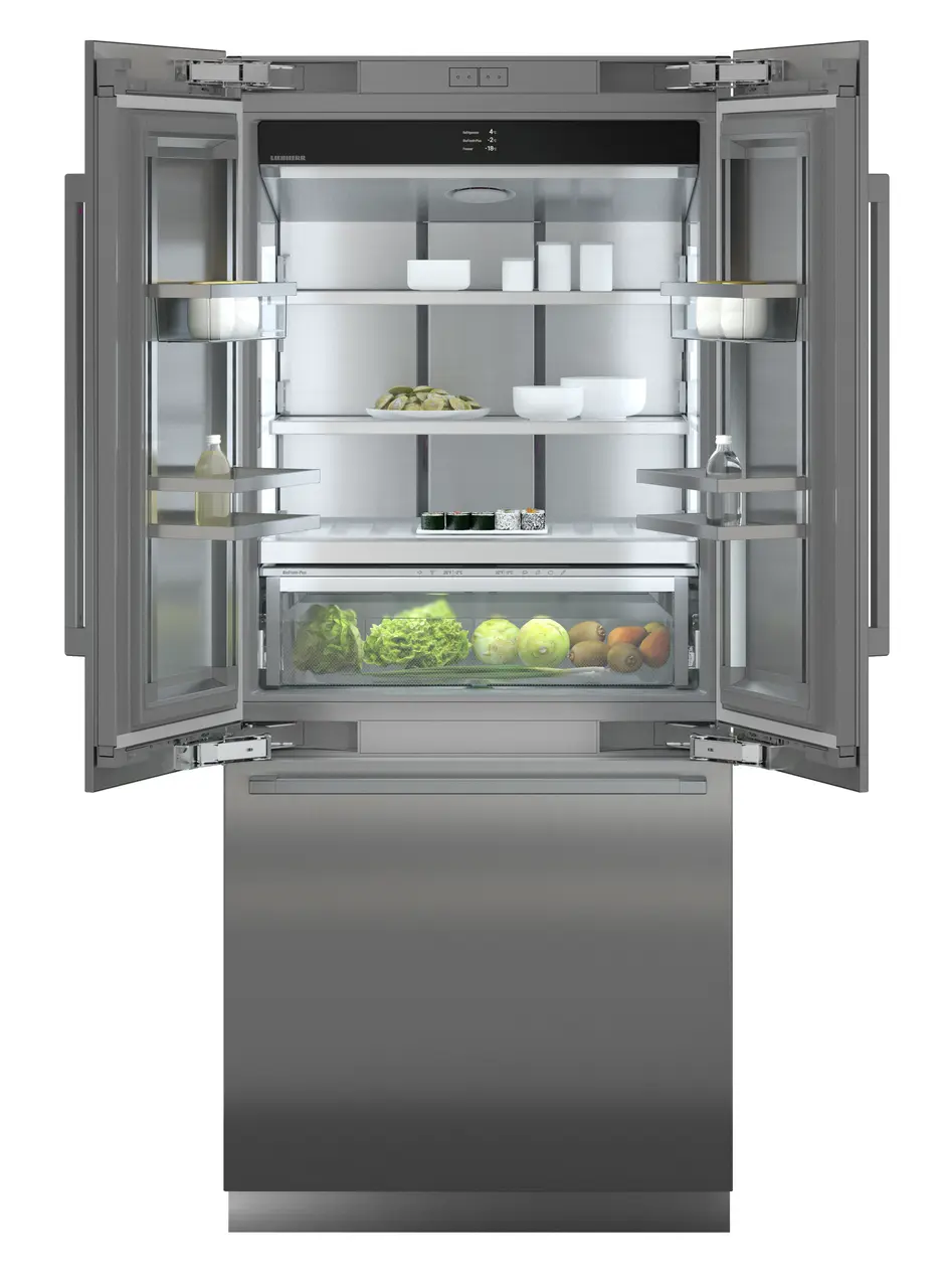 Product image, Perspective: straight open decorated, Combined refrigerator-freezer with BioFresh and NoFrost for integrated use, Casing colour: grey