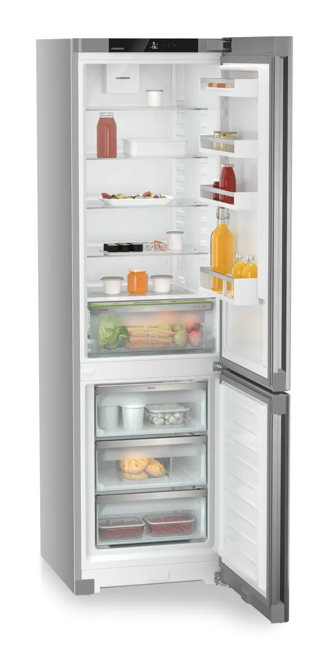 Product image, Perspective: oblique open decorated, Combined fridge-freezers with EasyFresh and NoFrost, Casing colour: silver, Door colour: Steelfinish