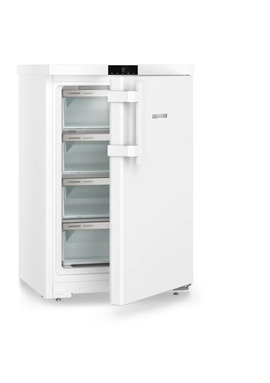 Produkt-Bild, Perspektive: schräg halb offen leer, Tischgefrierschrank mit SmartFrost, Gehäusefarbe: Weiß, Türfarbe: Weiß