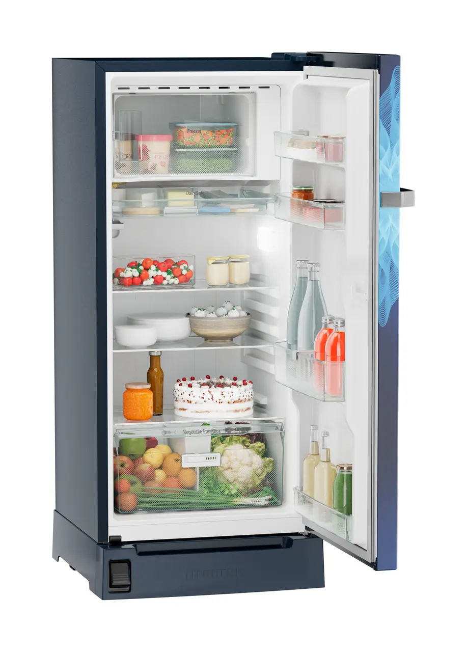 Product image, Perspective: oblique open decorated, Single-door refrigerator 191 l with foot pedal base drawer and iCoolTouch UI, Casing colour: blue, Door colour: Blue Mystiq