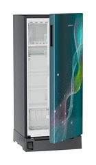 Product image, Perspective: oblique half-open empty, Single-door refrigerator 191 l in 5 star with inverter compressor, Casing colour: grey, Door colour: Teal Strings
