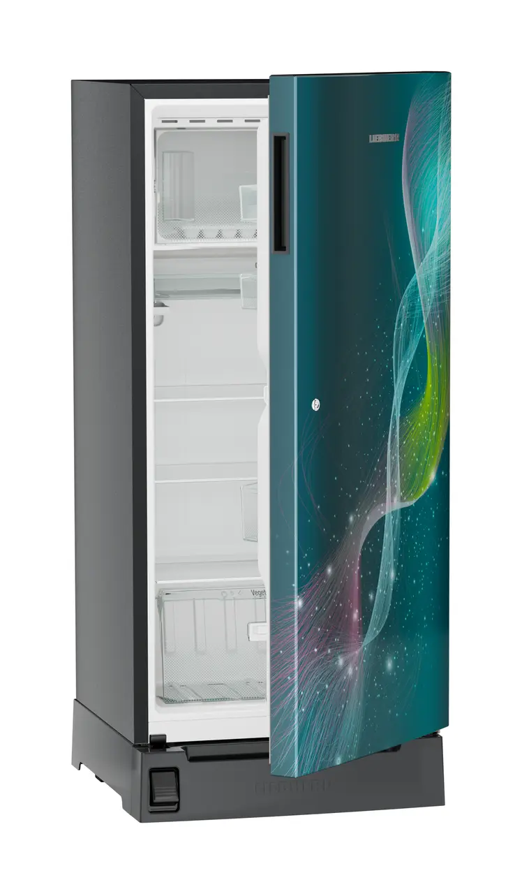 Product image, Perspective: oblique half-open empty, Single-door refrigerator 191 l in 5 star with inverter compressor, Casing colour: grey, Door colour: Teal Strings