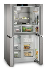 Immagine del prodotto, Prospettiva: Inclinato aperto fornito, Frigorifero a 4 porte French Door con IceMaker, Colore della struttura: argento, Colore della porta: acciaio inox