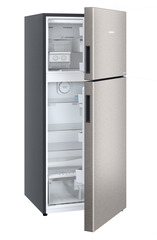 Product image, Perspective: oblique half-open empty, Fridge-freezer with NoFrost, Casing colour: grey, Door colour: Stainless Steel