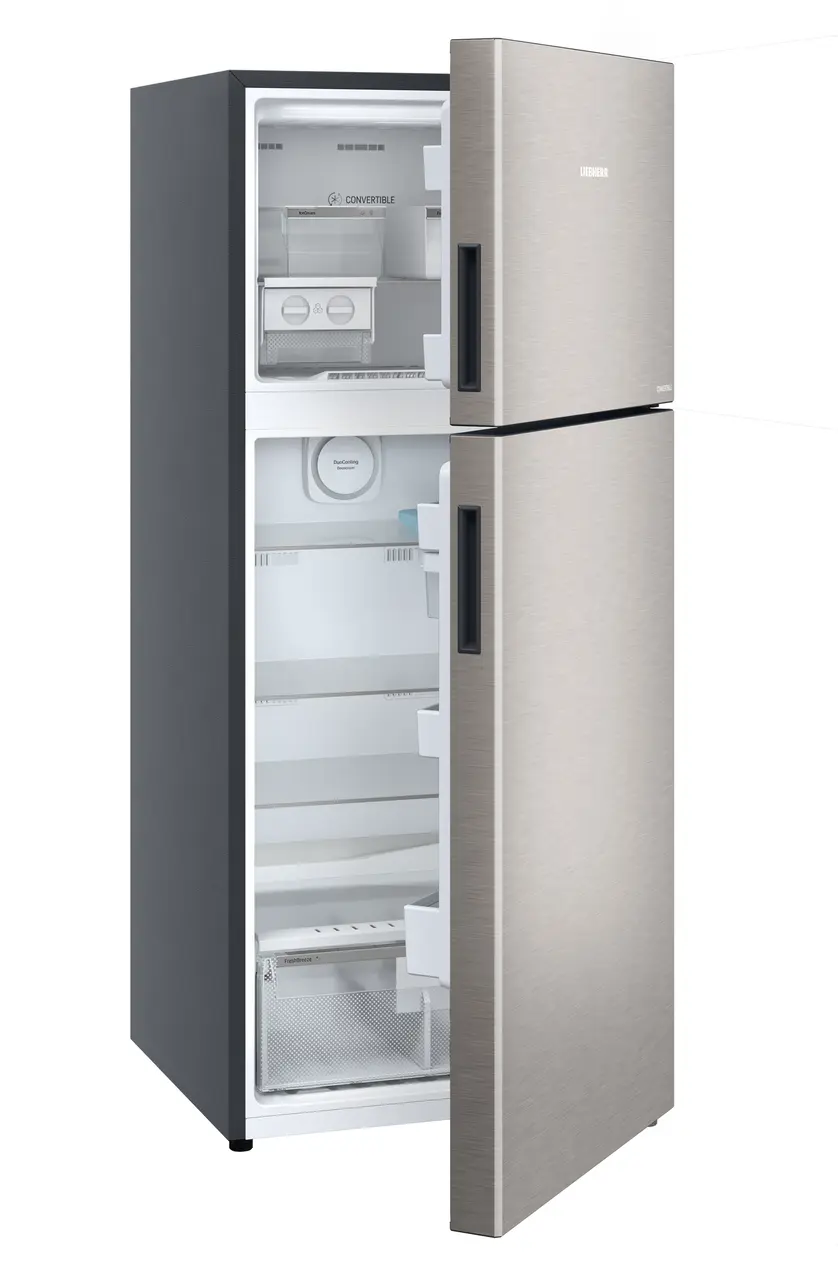 Product image, Perspective: oblique half-open empty, Fridge-freezer with NoFrost, Casing colour: grey, Door colour: Stainless Steel