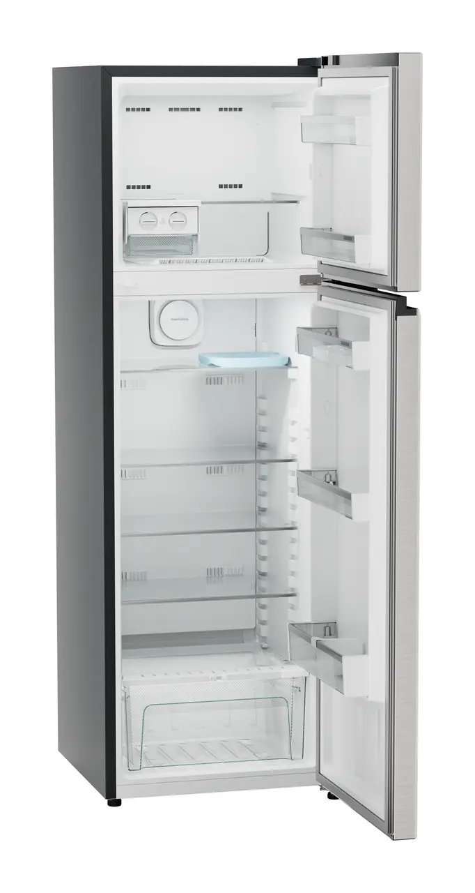 Product image, Perspective: oblique open empty, Fridge-freezer with NoFrost, Casing colour: grey, Door colour: Stainless Steel