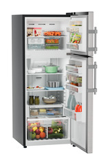Product image, Perspective: oblique open decorated, Fridge-freezer with NoFrost, Casing colour: grey, Door colour: Stainless Steel