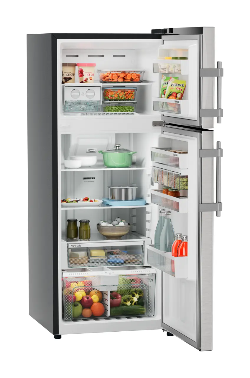 Product image, Perspective: oblique open decorated, Fridge-freezer with NoFrost, Casing colour: grey, Door colour: Stainless Steel