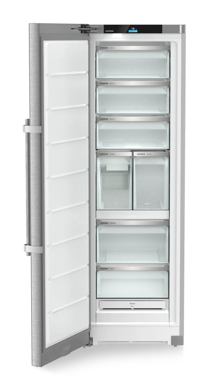 Product image, Perspective: straight open empty, Freestanding freezer with NoFrost and IceTower, Casing colour: silver, Door colour: stainless steel