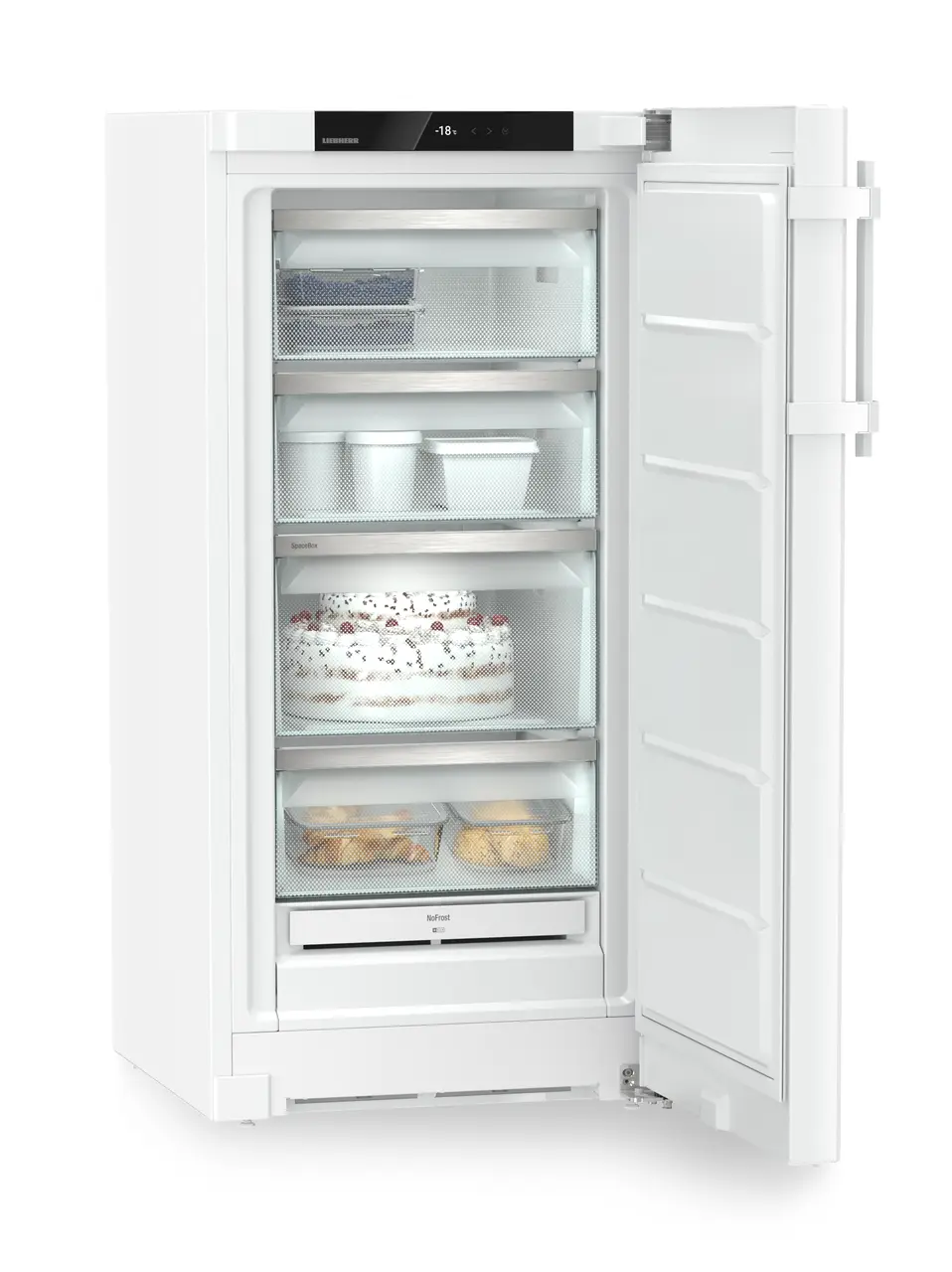 Obrázek výrobku, Perspektiva: Zešikma otevřený s dekorací, Volne stojící mraznicka s NoFrost, Barva skříně: bílá, Barva dveří: bílá