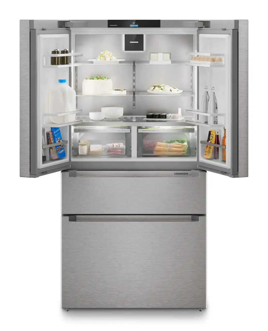 Image de produit, Perspective: Droit ouvert décoré, Réfrigérateur-congélateur FrenchDoor avec 2 tiroirs de congélation, IceMaker et InfinitySpring, Couleur de porte: acier inox