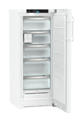 Produkt-Bild, Perspektive: schräg offen leer, Standgefrierschrank mit NoFrost, Gehäusefarbe: Weiß, Türfarbe: Weiß