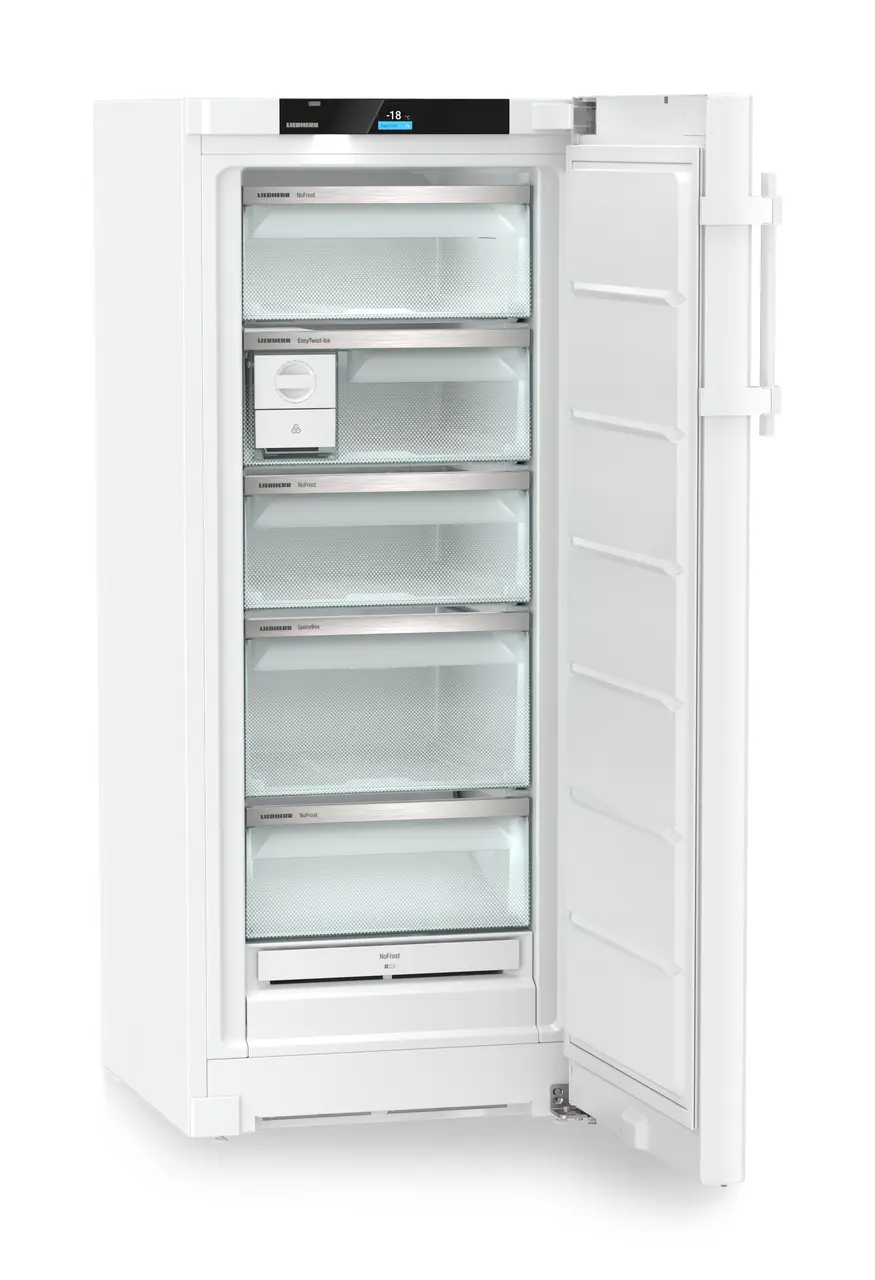 Produkt-Bild, Perspektive: schräg offen leer, Standgefrierschrank mit NoFrost, Gehäusefarbe: Weiß, Türfarbe: Weiß