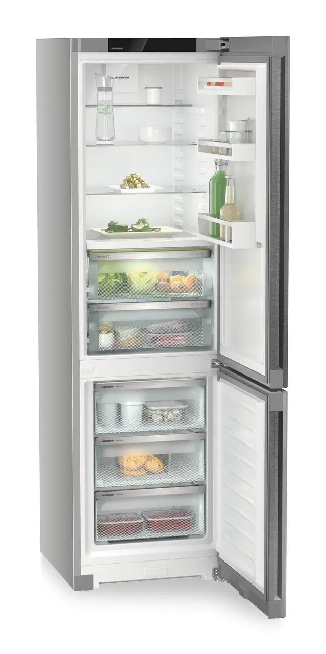 Product image, Perspective: oblique open decorated, Fridge-freezer with BioFresh and NoFrost, Casing colour: silver, Door colour: stainless steel