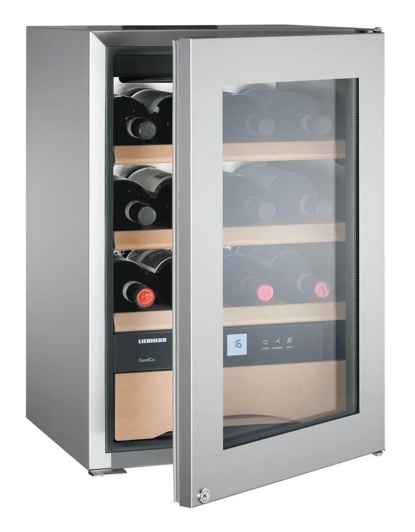 Product image, Perspective: oblique half-open decorated, Wine storage cabinet, Casing colour: stainless steel, Door colour: silver