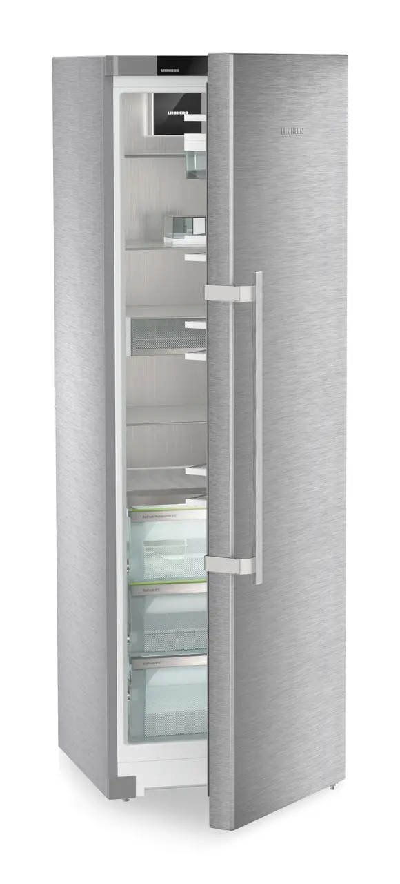 Product image, Perspective: oblique half-open empty, Freestanding refrigerator with BioFresh Professional, Casing colour: stainless steel, Door colour: stainless steel