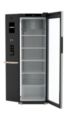 Produkt-Bild, Perspektive: gerade offen leer, Kühlgerät mit Umluftkühlung, Gehäusefarbe: Schwarz, Türfarbe: Schwarz