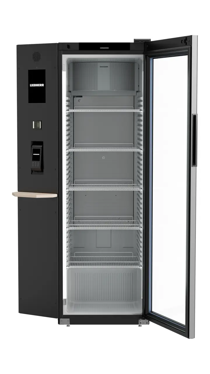 Produkt-Bild, Perspektive: gerade offen leer, Kühlgerät mit Umluftkühlung, Gehäusefarbe: Schwarz, Türfarbe: Schwarz