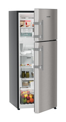 Product image, Perspective: oblique half-open decorated, Fridge-freezer with NoFrost, Casing colour: grey, Door colour: Stainless Steel