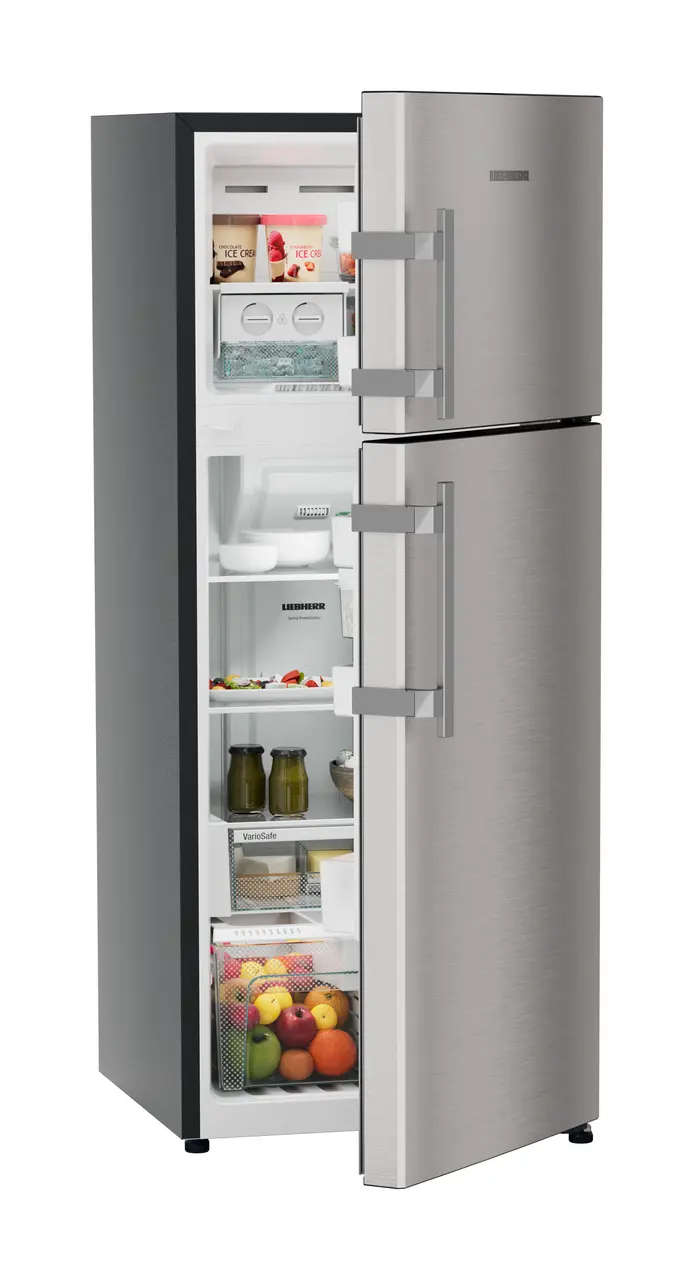 Product image, Perspective: oblique half-open decorated, Fridge-freezer with NoFrost, Casing colour: grey, Door colour: Stainless Steel
