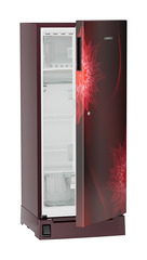 Product image, Perspective: oblique half-open empty, Single-door refrigerator 202 l in 3 star with foot pedal base drawer, Casing colour: red, Door colour: Red Mystiq