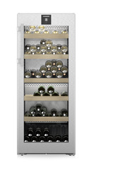 Изображение на продукта, Перспектива: Отпред, затворен, отворен с продукти, Мултитемпературен охладител за вино, Цвят на корпуса: фино сребро, Цвят на вратата: благородна стомана