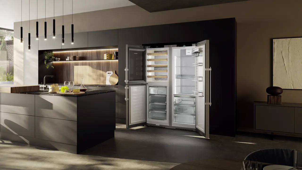 Product image, Perspective: milieu, Side-by-side combination with wine tempering compartment, Casing colour: silver, Door colour: stainless steel