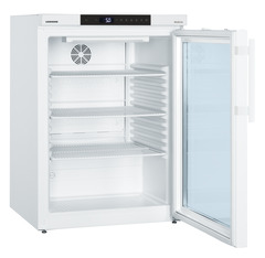 Product image, Perspective: oblique open empty, Lab refrigerator with Comfort electronic controller, Casing colour: white
