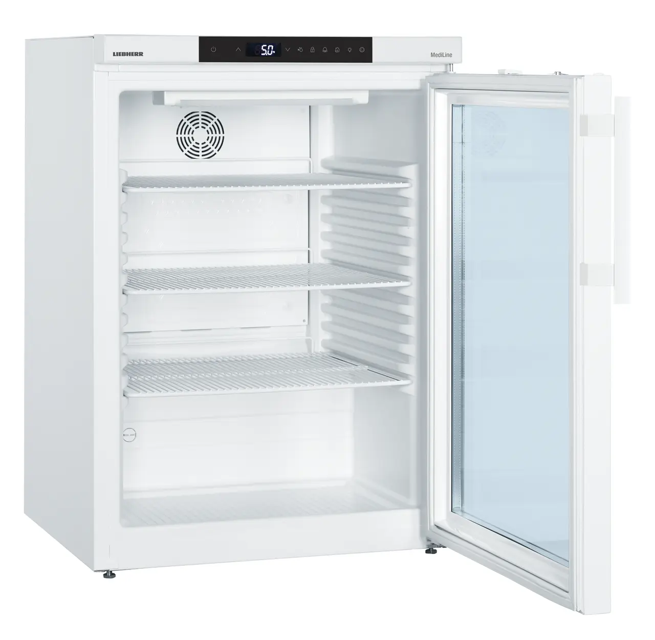 Product image, Perspective: oblique open empty, Lab refrigerator with Comfort electronic controller, Casing colour: white